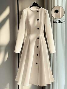 Franclia 优雅A字黑色纽扣装饰连衣裙，休闲修身，适合秋冬户外穿着 - 杏色 - 查看 1