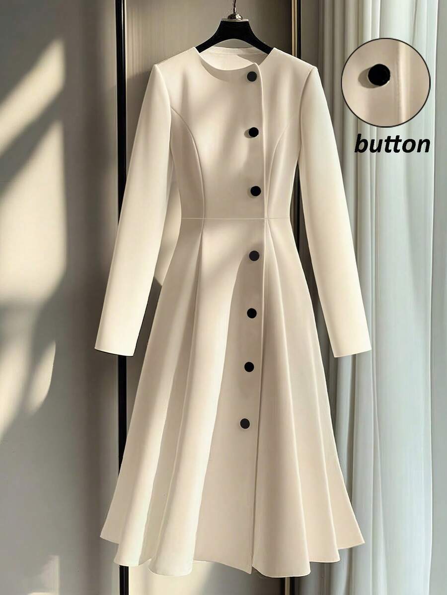 Franclia 优雅A字黑色纽扣装饰连衣裙，休闲修身，适合秋冬户外穿着 - 杏色 - 查看 1