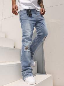 Manfinity Homme Quần jeans ống loe ống rộng, rách gấu dành cho nam - Rửa nhẹ - Xem 3