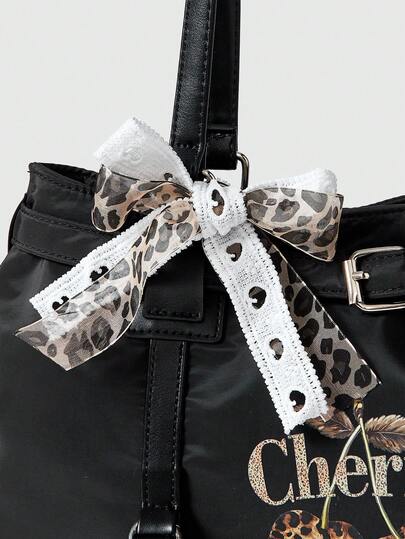 Kawaii Bolso de hombro grande con lazo y estampado de cerezas, de estilo retro Y2K, versátil y de gran capacidad para el transporte diario de las mujeres