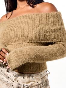 SUMWON WOMEN Off-Shoulder Langarm Strick-Oberteil, flauschig strukturierter Crop Pullover für Herbst und Winter, gemütlicher Pullover - Khaki - Übersicht 6