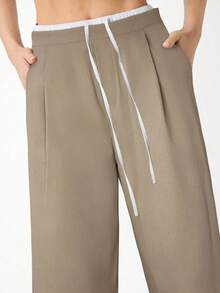 SHEIN EZwear 女款卡其色拼色休闲裤，女款春秋休闲抽绳口袋阔腿长款卡其色宽松裤，休闲日常穿搭 - 卡其色 - 查看 6