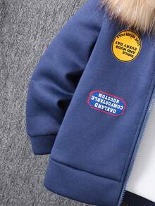 SHEIN 2 件套年轻男孩标语印花拉链连帽运动衫和运动裤休闲装，秋冬 - 藍色 - 查看 5