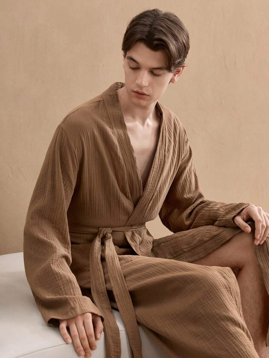 EverLounge 100%纯棉 Old Money 男士简约纯色纹理双口袋睡袍，秋季棕色长袍，适合度假和冬季穿着 - 棕色 - 查看 1