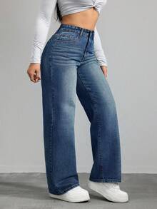 SHEIN CURVE+ Spring Plus Size Women Cowgirl Blue Non-Stretch Skinny Straight Leg Jeans, Spring - Medium Wash - View 7