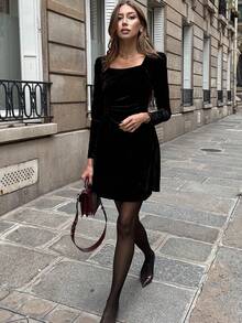 SHEIN PariChic 女式优雅天鹅绒圆领收腰短款连衣裙，秋季 - 黑色 - 查看 3