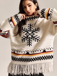 Easelle 女式雪花几何图案立领落肩长袖流苏下摆宽松毛衣，秋冬 - 彩色 - 查看 9