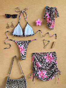 SHEIN Swim Bộ đồ bơi hở lưng họa tiết da báo và hoa gợi cảm cho lễ hội âm nhạc năm 2025 dành cho nữ - Nhiều màu - Xem 2