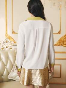 Penseblé Blusa de manga larga con botones y lentejuelas de color contrastante para mujer - Blanco - Ver 2