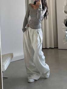 INAWLY Quần nỉ ống đứng lưng thun co giãn cỡ lớn cho nữ - Màu Xám nhạt - Xem 3