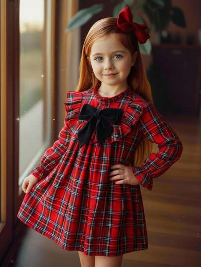 Emery Rose Kids Emery Rose Kids Young Girls' Elegant Red Plaid Bow Decor Long Sleeve Ruffle Dress,Winter Princess 7th Birthday Party Christmas Tartan Patchwork Loose Casual Dress