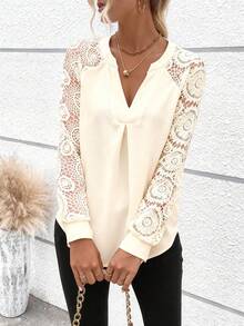 EMERY ROSE Contrast Lace Raglan Sleeve Curved Hem Notched Neckline Blouse For Holiday Party Clothes - Apricot - View 5