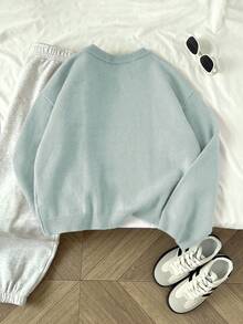 Elamini Women's Solid Color Crew Neck Long Sleeve Casual Pullover Sweater, Autumn/Winter - Light Grey - View 2