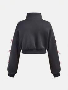 SHEIN 少女字母刺绣套头拉链卫衣和休闲裤两件套 - 深灰色 - 查看 7