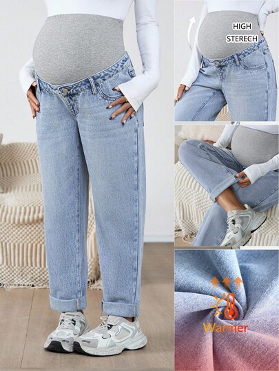 SHEIN Maternity Cuffed Light Blue Casual Fall Autumn Winter Halloween Christmas New Year Thanksgiving Versatile Jeans With Belt Loops Maternity Jeans Y2k Cute Party Streetwear Techno Outfit Birthday Outfit Airport Outfit Mom Jeans Low Rise Women Baggy Jeans Fleece-Lined Jeans