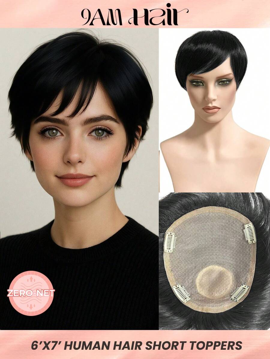 ZERO-NET 4Inch Women's Real Human Hair Short Topper 6.2*7.5 Inches Perfect For Thinning Hair - SNatural - View 1