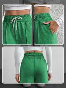 EURMUSE Cotton Petite Drawstring Waist Wide Leg Pants - Dark Green - View 6
