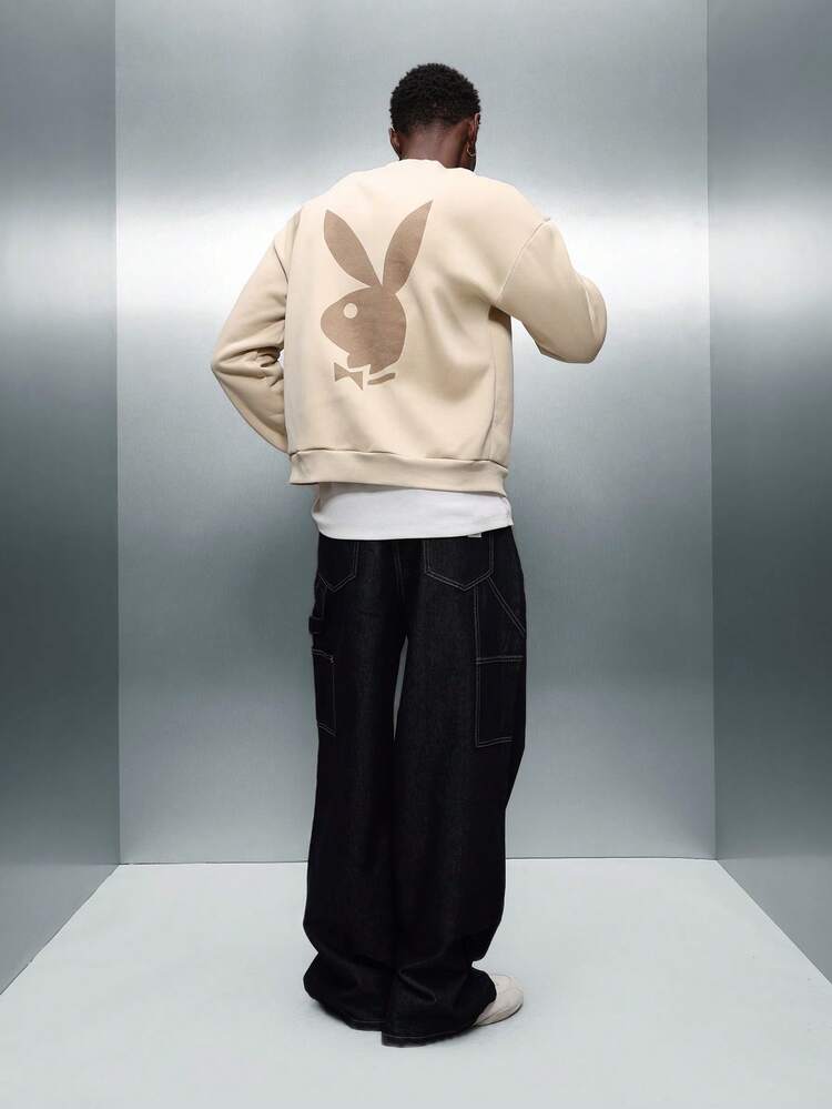 PLAYBOY X SUMWON Beigefarbene Strickjacke mit durchgehendem Reißverschluss und Logo-Print