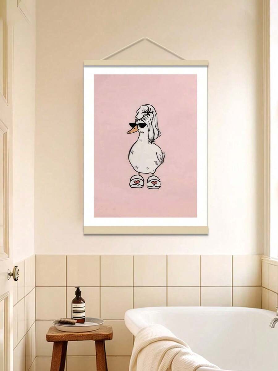 1pc Room Decor Quirky Duck In Slippers Canvas Art Print, Pink Humorous Bathroom Wall Decor, Vintage Farmhouse Style, Rustic Duck Bandana Painting, Fashionable Home Decoration, Canvas Poster For Living Room, Bedroom, Office - Multicolor - View 1