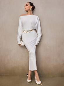 Modelyn Women's Solid Color Asymmetrical Shoulder Long Sleeve Casual Loose Versatile Dress - White - View 2