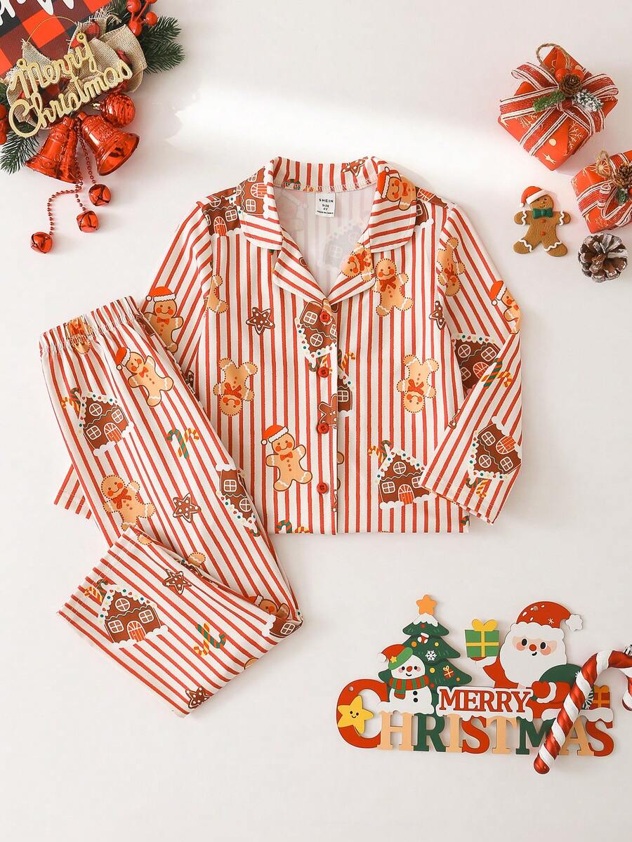 Bộ 2 món/Bộ đồ ngủ tay dài in hình người bánh gừng và cây thông Noel cho bé gái - Đỏ - Xem 1