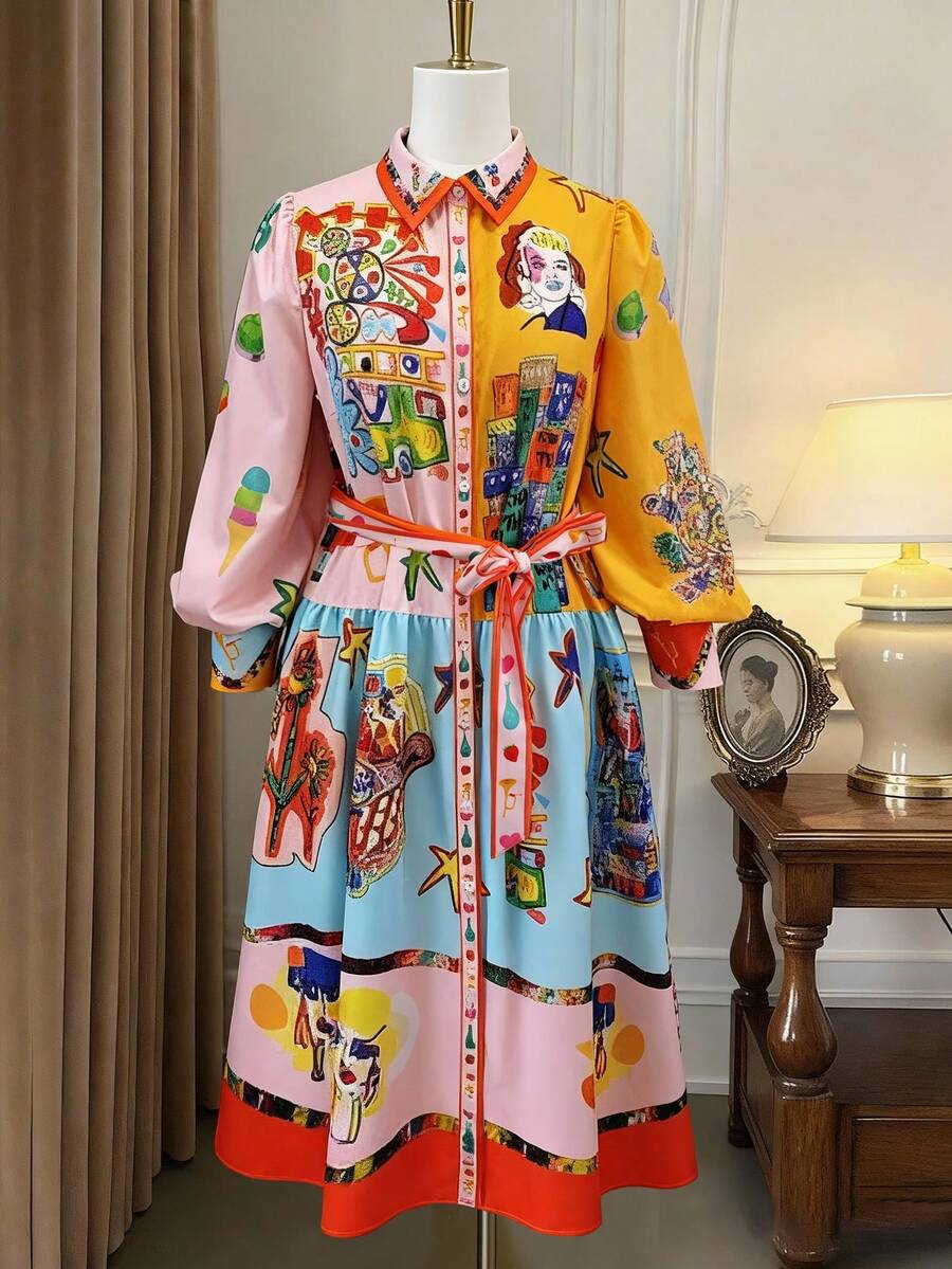 SHEIN Clasi Váy dài tay in họa tiết vui nhộn lãng mạn kiểu Pháp cỡ lớn dành cho nữ, mặc vào mùa xuân/hè lễ Phục sinh - Nhiều màu - Xem 1