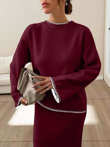 EURMUSE Women Stitch Detailed Round Neck Drop Shoulder Pullover & Sweater Skirt Set - Burgundy - View 6