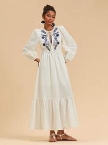 Travachic 女士度假纯色梭织刺绣荷叶边下摆长袖修身连衣裙 - 白色 - 查看 6