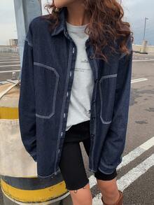 DAZY Áo khoác denim dáng rộng dành cho nữ có cổ và đường khâu trang trí, mùa thu - Rửa tối - Xem 6