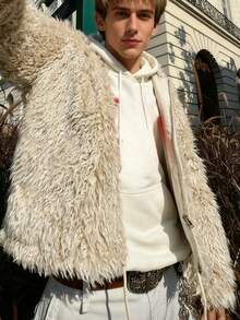 Manfinity Roghcode 男士仿毛皮连帽夹克，休闲百搭，适合约会、拍照、上学、通勤、冬季穿着。 - 杏色 - 查看 3