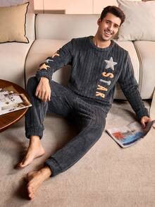 SHEIN Provexi Men's Plush Crew Neck Long Sleeve Top & Long Pants Fluffy Cozy Pajama Clothes Set, Winter - Dark Grey - View 1