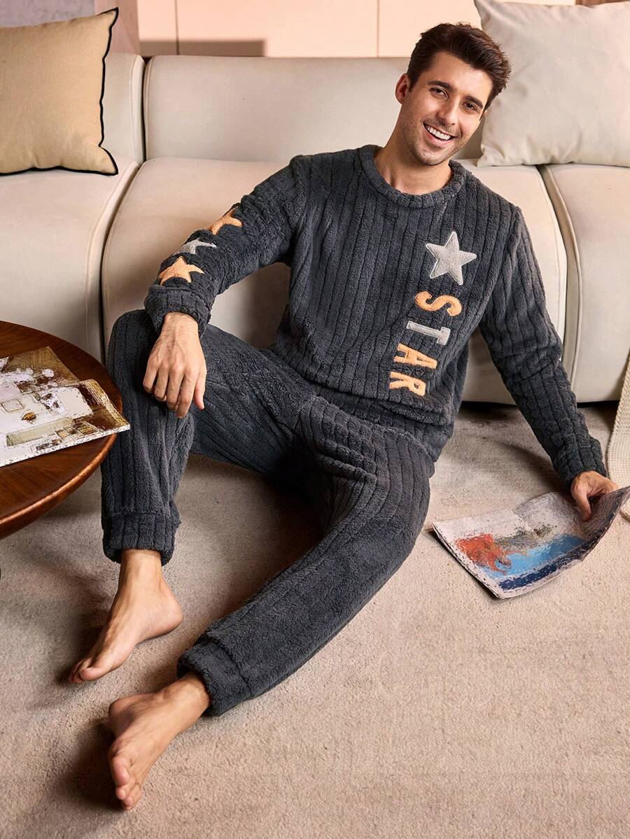 SHEIN Provexi Men's Plush Crew Neck Long Sleeve Top & Long Pants Fluffy Cozy Pajama Clothes Set, Winter - Dark Grey - View 1