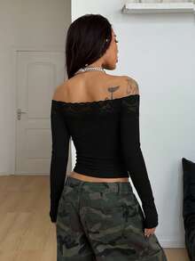 Coolane 女式春季巫术哥特音乐节十字图案蕾丝拼布露肩上衣，X 神秘之心 - 黑色 - 查看 6