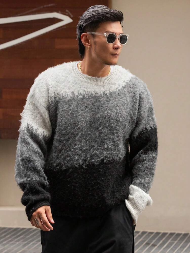 Men's Gradient Color Crew Neck Sweater, Autumn/Winter