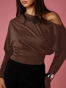MISSGUIDED 露肩长袖套头毛衣，配有合身腰带，适合秋冬休闲穿着 - 摩卡棕 - 查看 6