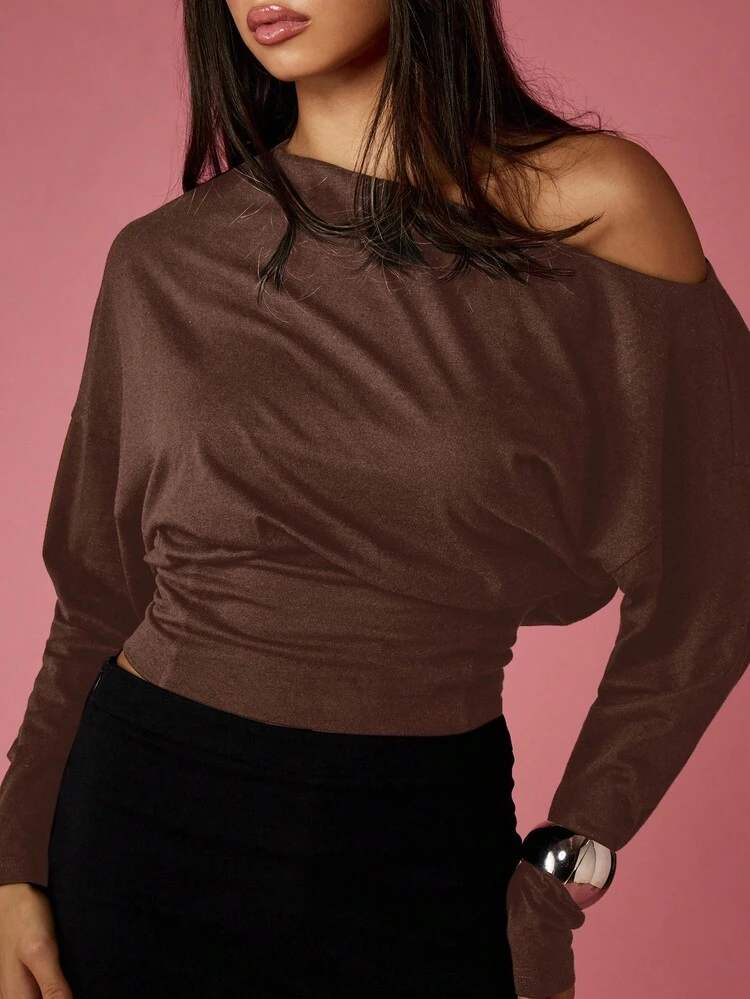 MISSGUIDED 가을 겨울 캐주얼 웨어를 위한 꼭 맞는 허리 밴드가 있는 오프 숄더 긴 소매 풀오버 스웨터