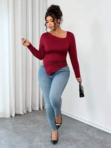 Cravure Christmas Plus Size Women Asymmetric Neck Ruched Waist Sexy Elegant Slim T-Shirt