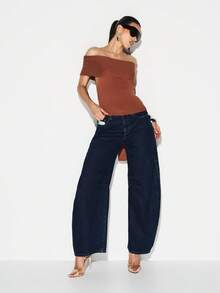 KIZN Off Shoulder Tie Back Ribbed Knit Top Bardot Style Fall Winter Casual Blouse - Camel - View 5