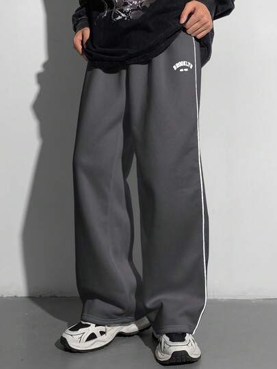 SHEIN 青少年男童宽松直筒裤，撞色黑色饰边，秋冬百搭，适合上学、居家、日常穿着、运动、生日派对、郊游，百搭、简约、复古