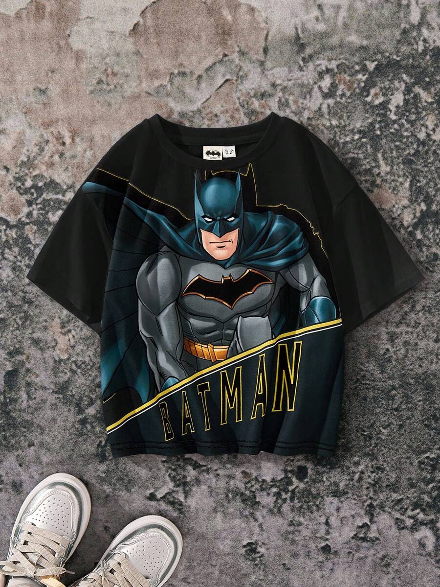 BATMAN X SHEIN 85th Young Boy Cartoon Portrait Pattern & Stylish Casual Short Sleeve T-Shirt Graphic Tee Boys - Black - View 1