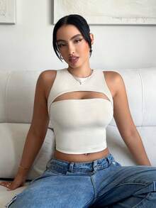 SHEIN SXY Women Solid Color Hollow Out Short Ribbed Slim Fit Tank Top - Multicolor - View 14