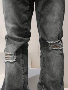 Manfinity Homme Men's Pocket Distressed Frayed Hem Flare Leg Casual Jeans Men Distressed Jeans - Dark Grey - View 7