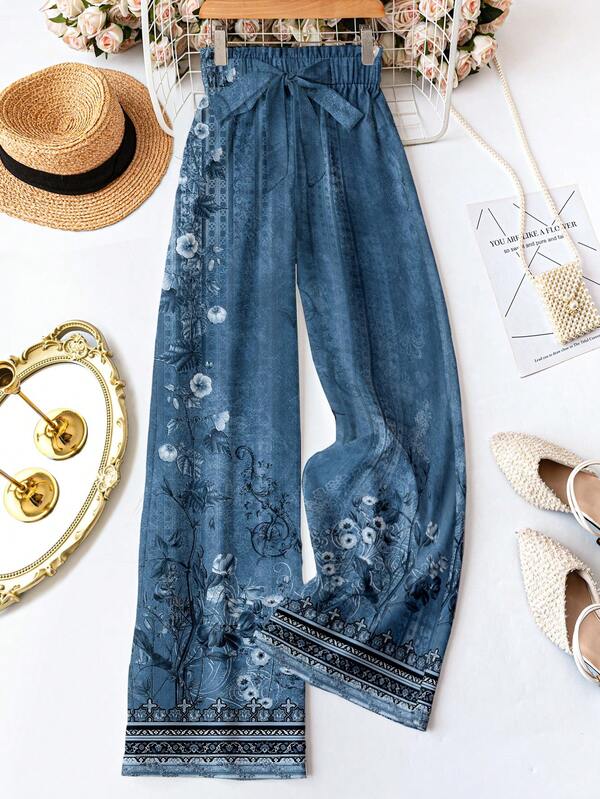 SHEIN LUNE Floral Green Pattern Vintage Waist Tie Trousers, Suitable For Women's Summer Vacation, Party, Fall, Wedding, Graduation Travel, Gift For Mom, Boho Style