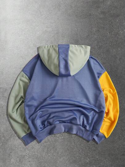 Street Life sweat-shirt à capuche ample pour hommes avec imprimé lettres, manches longues, poche, couleurs contrastées et patchwork