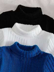 SHEIN 3pcs/Set Infant Boys' Casual All-Match Turtleneck Ribbed Texture Long Sleeve Bodysuit, Autumn/Winter - Multicolor - View 4