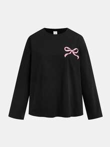 SHEIN 青少年女孩 2 件套休闲宽松针织圆领牙签褶图案套头衫和短裤套装，适合日常穿着、户外、春季野餐、返校和各种场合 - 黑色 - 查看 5