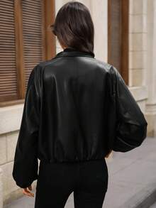 EMERY ROSE 女式纯色灯笼袖拉链前开 PU 皮夹克，秋季 - 黑色 - 查看 2