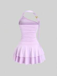 Sweetra 全新女式吊带螺旋金色珠宝设计束腰蛋糕裙式迷你连衣裙 - 紫丁香色 - 查看 2