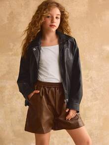 女童休闲简约粗犷黑色 PU 夹克，秋冬 - 黑色 - 查看 4