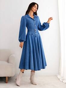 Selianne 女士优雅休闲牛仔连衣裙 - 藍色 - 查看 7